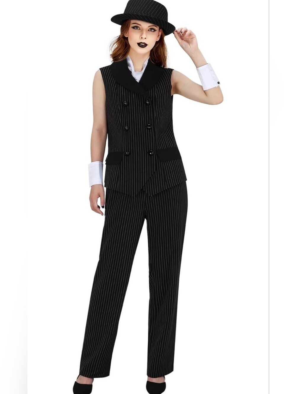 Women 1920s Gangster Costume Vest Pants Hat Pinstripe Suit Roaring 20s Mobster